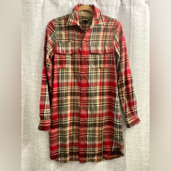 Vintage Ralph Lauren Rugby flannel button down dress with suede elbow patches S - Picture 1 of 6